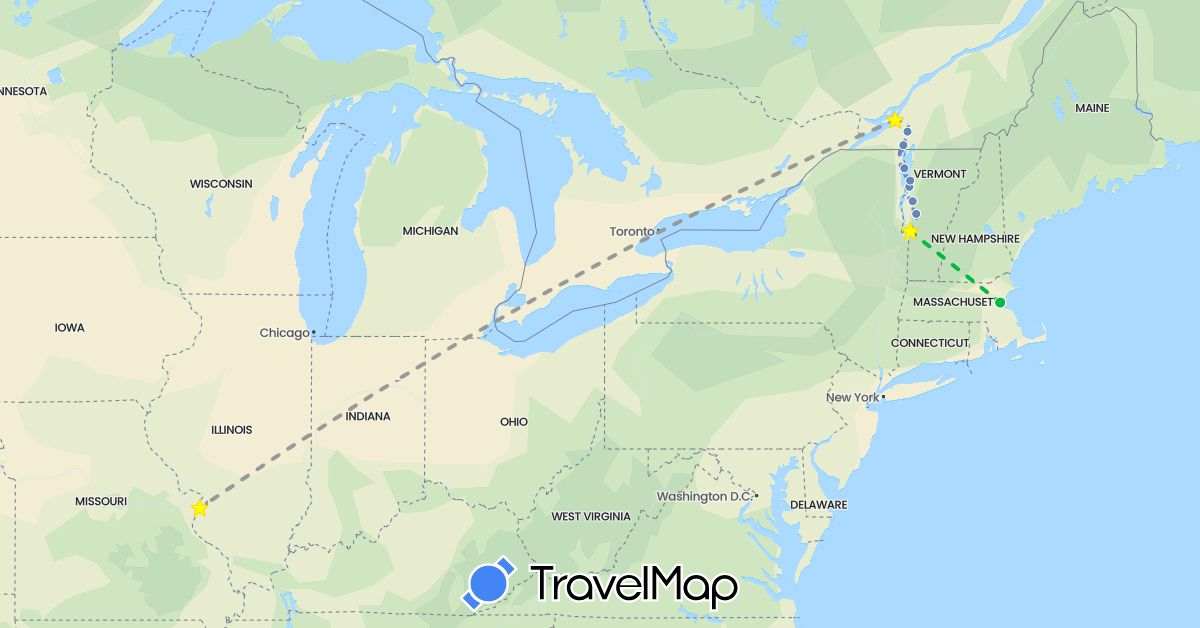 TravelMap itinerary: driving, bus, plane, cycling in Canada, United States (North America)